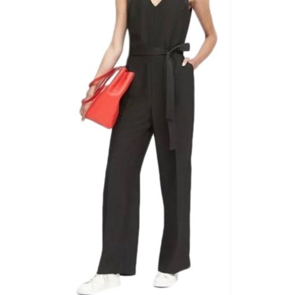 Black V-neck Wide-leg Belted Lined Jumpsuit